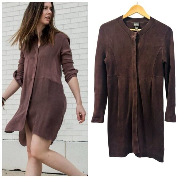 Eileen Fisher Silk Button-Front Knit Dress Dark Brown Long Sleeve Size XS - Picture 1 of 9